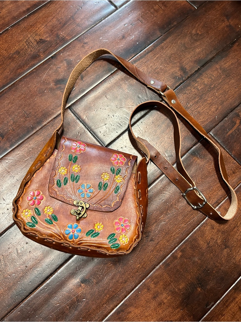 Vintage Brown Floral Embossed Leather Crossbody Bag